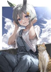 Rule 34 | 1girl, absurdres, amanun, animal ears, blue eyes, blue overalls, cat, ear covers, grey hair, hair between eyes, hair ornament, hairclip, highres, horse ears, horse girl, looking at viewer, official alternate costume, on ground, open mouth, outdoors, overalls, seiun sky (umamusume), shirt, short hair, short sleeves, single ear cover, smile, solo, umamusume, white shirt