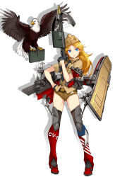 Rule 34 | 10s, 1girl, absurdres, armor, bald eagle, bird, blonde hair, blue eyes, boots, bow (weapon), crossbow, eagle, flight deck, grey thighhighs, highres, kantai collection, mecha musume, military, military uniform, original, personification, realmbw, short shorts, shorts, solo, thigh boots, thighhighs, uniform, united states, uss enterprise (cv-6), weapon