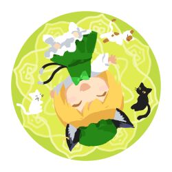 Rule 34 | 1girl, alternate color, black cat, blonde hair, blush stickers, bow, bowtie, cat, chen, commentary request, dress, fang, frilled dress, frills, green bow, green bowtie, green dress, green hat, hat, highres, kaigen 1025, long sleeves, no nose, open mouth, shirt, short hair, smile, socks, solo, touhou, upside-down, white cat, white shirt, white socks