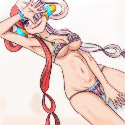 Rule 34 | 1girl, artist request, bikini, blush, bracelet, breasts, cameltoe, frilled bikini, frills, hair ornament, hair over one eye, hair rings, headphones, highres, jewelry, large breasts, lips, long hair, looking at viewer, lying, micro bikini, multicolored hair, on bed, on stomach, one piece, one piece film: red, parted lips, purple eyes, red hair, shiny skin, simple background, solo, split-color hair, standing, swimsuit, thong bikini, two-tone hair, uta (one piece), very long hair, white hair, wide hips