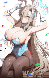 Rule 34 | :p, absurdres, animal ears, armpits, arms up, doodle sensei (blue archive), asuna (blue archive), blonde hair, blue archive, blue eyes, blue leotard, blush, bow, bowtie, breasts, capitan wei, chibi, chibi inset, cleavage, closed mouth, confetti, covered navel, detached collar, elbow gloves, fake animal ears, feet out of frame, gloves, grey bow, grey bowtie, hair over one eye, halo, highres, large breasts, leotard, long hair, looking at viewer, pantyhose, playboy bunny, rabbit ears, sensei (blue archive), simple background, sitting, smile, solo focus, strapless, strapless leotard, thighband pantyhose, tongue, tongue out, very long hair, white background, white gloves