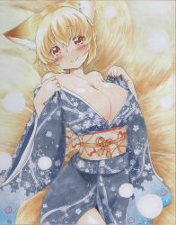 Rule 34 | alternate costume, animal ears, blonde hair, blush, breasts, cowboy shot, floral print, fox ears, fox tail, highres, hip focus, japanese clothes, kimono, large breasts, light particles, long sleeves, looking at viewer, multiple tails, new year, no headwear, obi, open clothes, open kimono, ribbon, sash, shiny skin, short hair, smile, solo, tail, thighs, touhou, traditional media, wide sleeves, yakumo ran, yellow eyes, yuuki chima