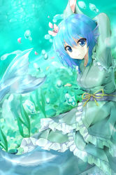 Rule 34 | 1girl, arms up, blue eyes, blue hair, bow, bubble, chiroshiron, dress, fins, flower, frills, green dress, hair flower, hair ornament, head fins, japanese clothes, long sleeves, looking at viewer, matching hair/eyes, mermaid, monster girl, obi, parted lips, petals, sash, short hair, solo, touhou, underwater, wakasagihime