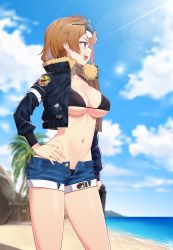 Rule 34 | 1girl, :d, beach, bikini, bikini under clothes, black bikini, black jacket, blue sky, blurry, blurry background, blush, breasts, brown hair, cleavage, cloud, cloudy sky, collarbone, commentary request, contrapposto, cropped jacket, day, denim, denim shorts, depth of field, eyewear on head, fur collar, girls&#039; frontline, grizzly mkv (girls&#039; frontline), groin, gun, hand on own hip, highres, holding, holding gun, holding weapon, horizon, jacket, l.a.r. manufacturing, lar grizzly win mag, lens flare, light rays, long sleeves, looking away, medium breasts, narynn, navel, ocean, open clothes, open fly, open jacket, open mouth, outdoors, palm tree, profile, purple eyes, short hair, short shorts, shorts, sidelocks, sky, sleeves past wrists, smile, solo, standing, stomach, sunbeam, sunglasses, sunglasses on head, sunlight, swimsuit, teeth, tree, twitter username, upper teeth only, water, weapon