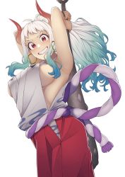 Rule 34 | 1girl, arms up, breasts, club, club (weapon), earrings, gradient hair, green hair, highres, hip vent, holding, holding weapon, hoop earrings, horns, jewelry, kanabou, kobaji, large breasts, looking at viewer, multicolored hair, one piece, oni horns, ponytail, red eyes, rope, shimenawa, sideboob, simple background, sleeveless, smile, teeth, weapon, white background, white hair, yamato (one piece)