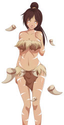 Rule 34 | 1girl, bare legs, bare shoulders, belly, blue-senpai, breasts, brown hair, cleavage, facial mark, feathers, female focus, forehead mark, fur trim, large breasts, league of legends, lips, long hair, looking away, nidalee, ponytail, simple background, solo, standing, tribal, white background, yellow eyes