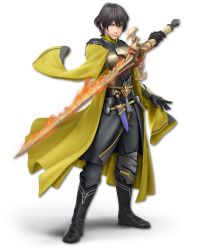 Rule 34 | 1boy, 3d, artist request, black footwear, black gloves, black hair, blue eyes, boots, byleth (fire emblem), byleth (male) (fire emblem), claude von riegan, closed mouth, coat, dagger, expressionless, fire, fire emblem, fire emblem: three houses, flaming sword, flaming weapon, full body, gloves, grey pants, grey shirt, hand up, highres, holding, holding sword, holding weapon, knife, long sleeves, looking at viewer, male focus, nintendo, official art, pants, sheath, sheathed, shirt, short hair, solo, standing, super smash bros., sword, sword of the creator, transparent background, vambraces, weapon, yellow coat