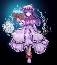 Rule 34 | 1girl, aura, blue bow, book, bow, coat, dress, footwear bow, full body, fuwatoro (enemy-of-society), gradient background, grimoire, hair bow, hat, highres, holding, holding book, hydrokinesis, long hair, looking at viewer, mob cap, neck ribbon, overcoat, patchouli knowledge, purple dress, purple eyes, purple hair, purple hat, red bow, red ribbon, ribbon, shoes, simple background, solo, striped clothes, striped dress, touhou, water