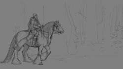 Rule 34 | 1boy, animated, animated gif, boots, cape, commentary, english commentary, forest, full body, greyscale, horse, horseback riding, long hair, long sleeves, making-of, monochrome, nature, original, ostinlein, outdoors, pants, riding, shirt, tree