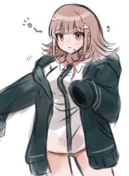 1girl blush breasts brown_hair collared_shirt danganronpa_(series) danganronpa_2:_goodbye_despair flipped_hair hair_ornament hood ikemen&#039;na_ore-shi jacket long_sleeves medium_hair nanami_chiaki neck_ribbon no_pants open_clothes open_jacket pink_eyes pink_ribbon ribbon shirt solo spaceship_hair_ornament untied_ribbon white_shirt