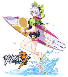 Rule 34 | 1girl, animal hood, belt, black shirt, black shorts, blue eyes, bracelet, cat hood, closed mouth, double bun, full body, green jacket, hair bun, holding, holding surfboard, honkai (series), honkai impact 3rd, hood, jacket, jewelry, kiana kaslana, kiana kaslana (knight moonbeam), looking at viewer, looking to the side, official art, open clothes, open jacket, sandals, shirt, short sleeves, shorts, simple background, smile, solo, sougishi ego, summer uniform, surfboard, water, white background, white hair