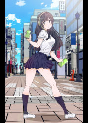 Rule 34 | 1girl, black eyes, black hair, black legwear, blue skirt, breasts, brick road, building, city, cloud, commentary, contemporary, day, dual wielding, frown, full body, girls&#039; frontline, green hair, highres, holding, korean commentary, lamppost, large breasts, long hair, long sleeves, looking at viewer, looking back, m4a1 (girls&#039; frontline), multicolored hair, outdoors, pleated skirt, shirt, sidarim, sign, skirt, sky, sleeves rolled up, solo, spray can, standing, streaked hair, traffic cone, white footwear, white shirt