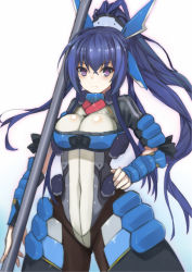 Rule 34 | 1girl, armor, black pantyhose, blue hair, bodysuit, breasts, covered navel, female focus, fingerless gloves, frown, ganida boushoku, gloves, hand on own hip, highres, holding, holding weapon, honda futayo, kyoukaisenjou no horizon, large breasts, long hair, looking at viewer, pantyhose, polearm, ponytail, purple eyes, solo, spear, weapon