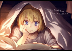 Rule 34 | 1boy, armin arlert, bad id, bad pixiv id, bed sheet, blonde hair, blue eyes, blush, book, character name, dated, hand on own cheek, hand on own face, happy birthday, heart, kino25 n, male focus, open book, reading, shingeki no kyojin, short hair, smile, solo, under covers