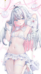 Rule 34 | 1girl, absurdres, arm up, bikini, blush, breasts, commentary, feathered wings, frilled bikini, frills, grey eyes, grey hair, halo, hand in own hair, high heels, highleg, highleg bikini, highres, holding, holding hair, indie virtual youtuber, long hair, looking at viewer, moemoepiano, multicolored hair, navel, official art, otonoha moe, parted lips, petals, pink hair, shoes, skindentation, small breasts, solo, swimsuit, two-tone hair, very long hair, virtual youtuber, white background, white bikini, white footwear, white wings, wings