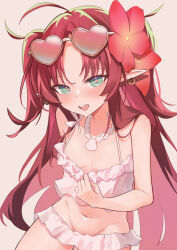 Rule 34 | 1girl, ahoge, arknights, bikini, bikini pull, breasts, clothes pull, eyewear on head, flower, frilled bikini, frills, green eyes, groin, hair flower, hair ornament, heart, heart-shaped eyewear, heart-shaped pupils, highres, jewelry, long hair, looking at viewer, myrtle (arknights), myrtle (summer flowers) (arknights), navel, necklace, official alternate costume, open mouth, pink-framed eyewear, pink background, pink bikini, pointy ears, pulled by self, red hair, shell, shell necklace, simple background, small breasts, solo, swimsuit, symbol-shaped pupils, yakurope-moko