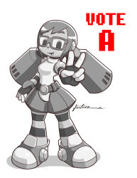 Rule 34 | 1girl, belt, call (mighty no. 9), call a, furboz, glasses, headgear, highres, mighty no. 9, monochrome, pantyhose, robot, short hair, signature, smile, solo, striped clothes, striped legwear, striped pantyhose, striped sleeves, v, white background