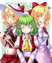 Rule 34 | 3girls, aka tawashi, ascot, blonde hair, blush, bow, breasts, commentary request, cowboy shot, elly (touhou), flying sweatdrops, gengetsu (touhou), green background, green hair, hair bow, hat, hat bow, heart, highres, holding, index finger raised, juliet sleeves, kazami yuuka, long sleeves, looking at viewer, medium breasts, midriff, multiple girls, navel, neck ribbon, one eye closed, open mouth, pink skirt, plaid, plaid vest, puffy sleeves, red bow, red skirt, red vest, ribbon, shirt, short hair, skirt, smile, standing, touhou, touhou (pc-98), two-tone background, vest, white background, white hat, white shirt, yellow eyes, yellow neckwear