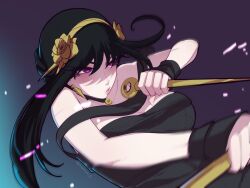 Rule 34 | 1girl, bare shoulders, black dress, black hair, breasts, cleavage, dagger, dress, earrings, flower, gloves, gold earrings, gold hairband, hair flower, hair ornament, hairband, highres, holding, holding dagger, holding knife, holding weapon, jewelry, knife, large breasts, long hair, non-web source, red eyes, sidelocks, solo, spy x family, stiletto (weapon), two-sided dress, two-sided fabric, weapon, yor briar