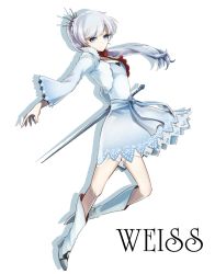 Rule 34 | 1girl, blue eyes, boots, character name, dress, knee boots, long hair, looking at viewer, mate@juken, ponytail, rwby, silver hair, smile, solo, sword, weapon, weiss schnee, white footwear