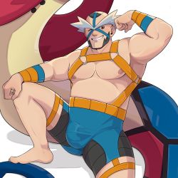 Rule 34 | 1boy, barefoot, bike shorts, black eyes, bulge, clenched hand, crasher wake, creatures (company), facial hair, flexing, game freak, geckobara, gen 3 pokemon, grin, hand up, harness, highres, looking down, male focus, milotic, muscular, muscular male, nintendo, nipples, one eye closed, pectorals, pokemon, pokemon (creature), pokemon dppt, short hair, smile, spread legs, teeth, topless male, wristband
