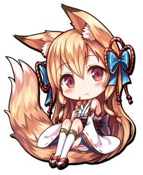 Rule 34 | 1girl, :t, animal ear fluff, animal ears, black footwear, blue bow, blush, bow, chibi, closed mouth, commentary request, detached sleeves, eating, food, fox ears, fox girl, fox tail, full body, hair bow, holding, holding food, japanese clothes, kimono, kneehighs, light brown hair, long hair, long sleeves, okobo, original, red eyes, ribbon-trimmed legwear, ribbon-trimmed sleeves, ribbon trim, sakura ani, sandals, short kimono, simple background, sitting, sleeveless, sleeveless kimono, socks, solo, tail, very long hair, white background, white kimono, white socks, wide sleeves, zouri
