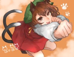 Rule 34 | 1girl, animal ears, brown eyes, brown hair, cat ears, cat tail, chen, earrings, green hat, hat, highres, jewelry, long sleeves, looking at viewer, mob cap, multiple tails, nekomata, open mouth, red skirt, shidaccc, short hair, skirt, skirt set, solo, tail, touhou, two tails