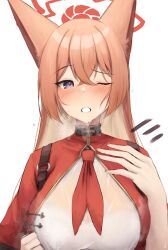 Rule 34 | 1girl, animal ears, blush, bra, breasts, brown hair, chinese clothes, coat, fox ears, fox girl, halo, highres, inre kemomimi, large breasts, long hair, necktie, one eye closed, purple eyes, red coat, red necktie, rumi (blue archive), see-through, see-through shirt, shirt, steaming body, sweat, underwear, wet, wet clothes, wet shirt, white background, white bra