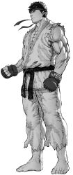 Rule 34 | 1boy, absurdres, bare shoulders, barefoot, belt, clenched hands, closed mouth, collarbone, dougi, facial hair, fingerless gloves, fingernails, gloves, greyscale, hatching (texture), headband, highres, karate gi, male focus, martial arts belt, monochrome, mugetsu2501, muscular, muscular male, pectorals, ryu (street fighter), simple background, solo, standing, street fighter, stubble, toenails, torn, torn clothes, veins, white background