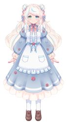 Rule 34 | 1girl, apron, awayuki meren, blue dress, blue eyes, blue hair, blush, brown footwear, center frills, closed mouth, commentary request, double bun, dress, frilled dress, frills, full body, green eyes, hair bun, heterochromia, indie virtual youtuber, ittokyu, light brown hair, loafers, long sleeves, multicolored hair, official art, pantyhose, puffy long sleeves, puffy sleeves, sample watermark, shoes, simple background, sleeves past wrists, smile, solo, standing, streaked hair, virtual youtuber, watermark, white apron, white background, white pantyhose