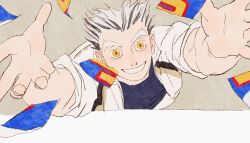 Rule 34 | 1boy, arms up, blue shirt, bokuto koutarou, chengongzi123, chinese commentary, collared jacket, commentary request, confetti, from above, grey hair, grin, haikyuu!!, highres, jacket, looking at viewer, male focus, multicolored hair, reaching, reaching towards viewer, shirt, short hair, slit pupils, smile, streaked hair, thick eyebrows, upper body, very short hair, white jacket, yellow eyes