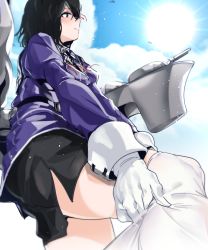 Rule 34 | 1girl, black hair, black skirt, blue sky, blush, breasts, brown eyes, clothes pull, cloud, day, dongsa wonhyong, from below, gloves, haguro (kancolle), haguro kai ni (kancolle), hair between eyes, hair ornament, juliet sleeves, kantai collection, long sleeves, looking afar, machinery, military, military uniform, pantyhose, pantyhose tug, pencil skirt, puffy sleeves, rigging, short hair, sidelocks, skirt, sky, solo, thighs, uniform, water drop, white gloves, white pantyhose