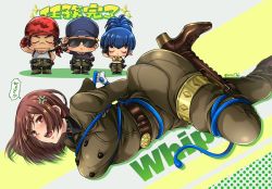 Rule 34 | 2boys, 2girls, artist name, blue hair, boots, bound, brown hair, character name, chibi, clark still, closed eyes, highres, leona heidern, military, military uniform, miru (mill 36), multiple boys, multiple girls, ralf jones, salute, sunglasses, the king of fighters, tied up (nonsexual), uniform, whip, whip (kof)