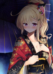Rule 34 | 1girl, autumn leaves, blonde hair, blush, breasts, cleavage, collarbone, commentary request, flower, hair between eyes, hair flower, hair ornament, hair ribbon, hairclip, holding, holding umbrella, japanese clothes, kimono, leaf print, long hair, long sleeves, looking at viewer, medium breasts, obi, oil-paper umbrella, original, pink flower, ponytail, print kimono, purple eyes, red kimono, red ribbon, ribbon, sasahara wakaba, sash, sidelocks, solo, umbrella, upper body, wide sleeves