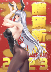 Rule 34 | 1girl, 2023, animal ears, ass, bare shoulders, black leotard, breasts, brown pantyhose, chinese zodiac, cleavage, covered erect nipples, cowboy shot, detached sleeves, from side, grey hair, happy new year, highres, large breasts, leotard, long hair, looking at viewer, new year, nose, open mouth, original, pantyhose, playboy bunny, rabbit ears, rabbit pose, rabbit tail, red eyes, shiny clothes, sideboob, smile, solo, tail, very long hair, wrist cuffs, year of the rabbit, zucchini