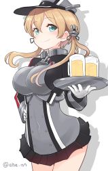 Rule 34 | 1girl, ahenn, alcohol, anchor hair ornament, aqua eyes, beer, beer mug, blonde hair, cowboy shot, cup, gloves, grey skirt, hair ornament, hand on own hip, hat, kantai collection, long hair, low twintails, microskirt, military, military hat, military uniform, mug, peaked cap, pleated skirt, prinz eugen (kancolle), simple background, skirt, solo, tray, twintails, twitter username, uniform, white background, white gloves