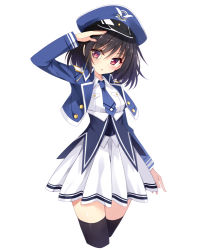 Rule 34 | 1girl, :o, black hair, blush, buttons, hand on forehead, hat, hayakawa harui, jacket, long sleeves, monocle, necktie, open clothes, open jacket, open mouth, original, peaked cap, pleated skirt, red eyes, salute, simple background, skirt, solo, thighhighs, uniform, valkyrie impulse, white background, zettai ryouiki
