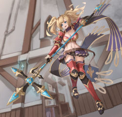 Rule 34 | 1girl, armor, belt, black panties, blonde hair, blue eyes, breasts, cleavage, gauntlets, granblue fantasy, greaves, hair intakes, highres, large breasts, midriff, miso (b7669726), navel, o-ring, o-ring top, panties, polearm, red armor, solo, spear, thighhighs, twintails, underwear, weapon, zeta (granblue fantasy)