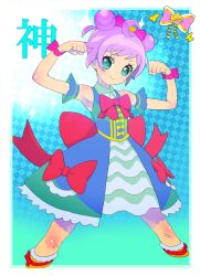 Rule 34 | 1girl, ahoge, blue background, blue dress, blue eyes, blush, bow, collared dress, commentary request, cropped legs, double bun, dress, frilled dress, frills, hair bow, hair bun, hands up, idol clothes, idol time pripara, legs apart, looking at viewer, manaka laala, moudoku (decopon3rd), pink bow, pretty series, pripara, purple hair, red bow, short hair, smile, solo, standing, translation request