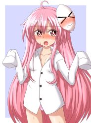 Rule 34 | &gt; &lt;, 1girl, blush, closed eyes, collarbone, face-to-face, hata no kokoro, long hair, looking at viewer, naked shirt, no pants, open mouth, oversized clothes, panties, pink eyes, pink hair, pink panties, shirt, simple background, sleeves past wrists, solo, teoi (good chaos), thighs, touhou, underwear, very long hair, wavy mouth