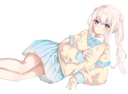Rule 34 | 1girl, alternate hairstyle, hair between eyes, hair ornament, highres, long hair, looking at viewer, lying, masquerade channel, simple background, smile, solo, tenshi nano, touyou to, virtual youtuber, white background, white hair