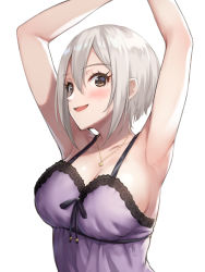 Rule 34 | 1girl, :d, armpits, arms up, black ribbon, blush, breasts, brown eyes, camisole, cleavage, collarbone, heart, heart necklace, idolmaster, idolmaster cinderella girls, jewelry, kurowan, lace trim, large breasts, looking at viewer, necklace, open mouth, ribbon, shiomi syuko, short hair, silver hair, simple background, smile, solo, upper body, white background