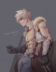 1boy abs belt black_gloves blue_eyes blue_pants brown_belt closed_mouth coin commentary cowboy_shot crop_top dated earrings english_commentary fingerless_gloves fur-trimmed_shirt fur_trim gauntlets gloves grey_background jewelry jokerpang looking_at_viewer looking_down male_focus muscular navel pants pouch ragnarok_online scar scar_on_face shirt short_hair signature smile solo standing suspenders white_hair white_shirt whitesmith_(ragnarok_online)