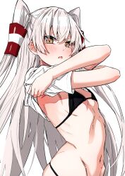 Rule 34 | 1girl, absurdres, amatsukaze (kancolle), bikini, bikini under clothes, blush, breasts, brown eyes, hair ornament, hair tubes, highres, holding, kantai collection, lifting own clothes, long hair, looking at viewer, navel, ribs, scan, shirt, simple background, small breasts, solo, stomach, swimsuit, t-shirt, takanashi kei (hitsujikan), twintails, upper body, white background, white hair