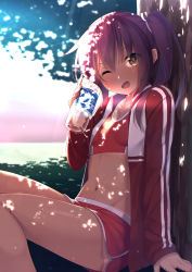Rule 34 | 1girl, ;d, amanuki-san, blush, bottle, breasts, brown hair, buruma, dappled sunlight, looking at viewer, moe2017, navel, one eye closed, open mouth, original, outdoors, shade, short hair, side ponytail, small breasts, smile, solo, sunlight, tan, tanline, track and field, track uniform, tree, v, water bottle