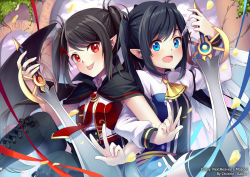 Rule 34 | 2girls, black footwear, black hair, black legwear, blue eyes, boots, chiiririn, female focus, hair ornament, hairclip, happy, holding, holding sword, holding weapon, long sleeves, multiple girls, open mouth, original, pointy ears, red eyes, smile, sword, thighhighs, tongue, twintails, v, weapon