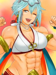Rule 34 | 1girl, abs, artist request, blue hair, dagr (fire emblem), dagr (winds offered) (fire emblem), fire emblem, fire emblem heroes, looking at viewer, mole, mole under eye, navel, nintendo, official alternate costume, one eye closed, toned, yodorimy