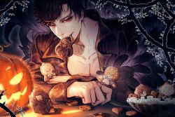 Rule 34 | 1boy, belial (granblue fantasy), black hair, black jacket, candy, character request, cookie, feather boa, food, granblue fantasy, halloween, halloween costume, jack-o&#039;-lantern, jacket, jiao mao, looking at viewer, male focus, mouth hold, muscular, open clothes, open jacket, pectorals, pumpkin, red eyes, short hair, solo, upper body