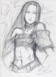 Rule 34 | abs, androgynous, arc system works, bare shoulders, choker, dated, gender request, graphite (medium), greyscale, guilty gear, long hair, male focus, maon, midriff, monochrome, signature, sketch, solo, testament (guilty gear), traditional media