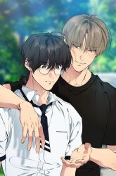 Rule 34 | 2boys, baek cirrus, black hair, black shirt, blue eyes, blush, brown hair, glasses, hands up, long hair, looking at another, multiple boys, red eyes, serious, shirt, smile, the lost in the cloud, two-tone eyes, white shirt, yellow eyes, yeon skylar